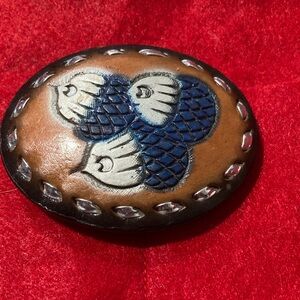 Hand-Tooled Leather Oval Belt Buckle with Blue & Tan Acorn Motif